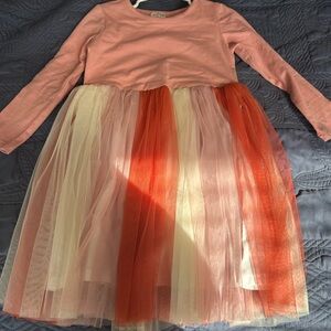 Pink and Orange Long Sleeve Dress with Tulle Skirt